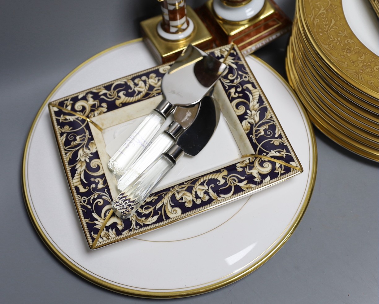 Three Ginori ceramics, cheese knives, various ceramics and plated wares including a pair of salt and pepper grinders with Peugeot mechanisms